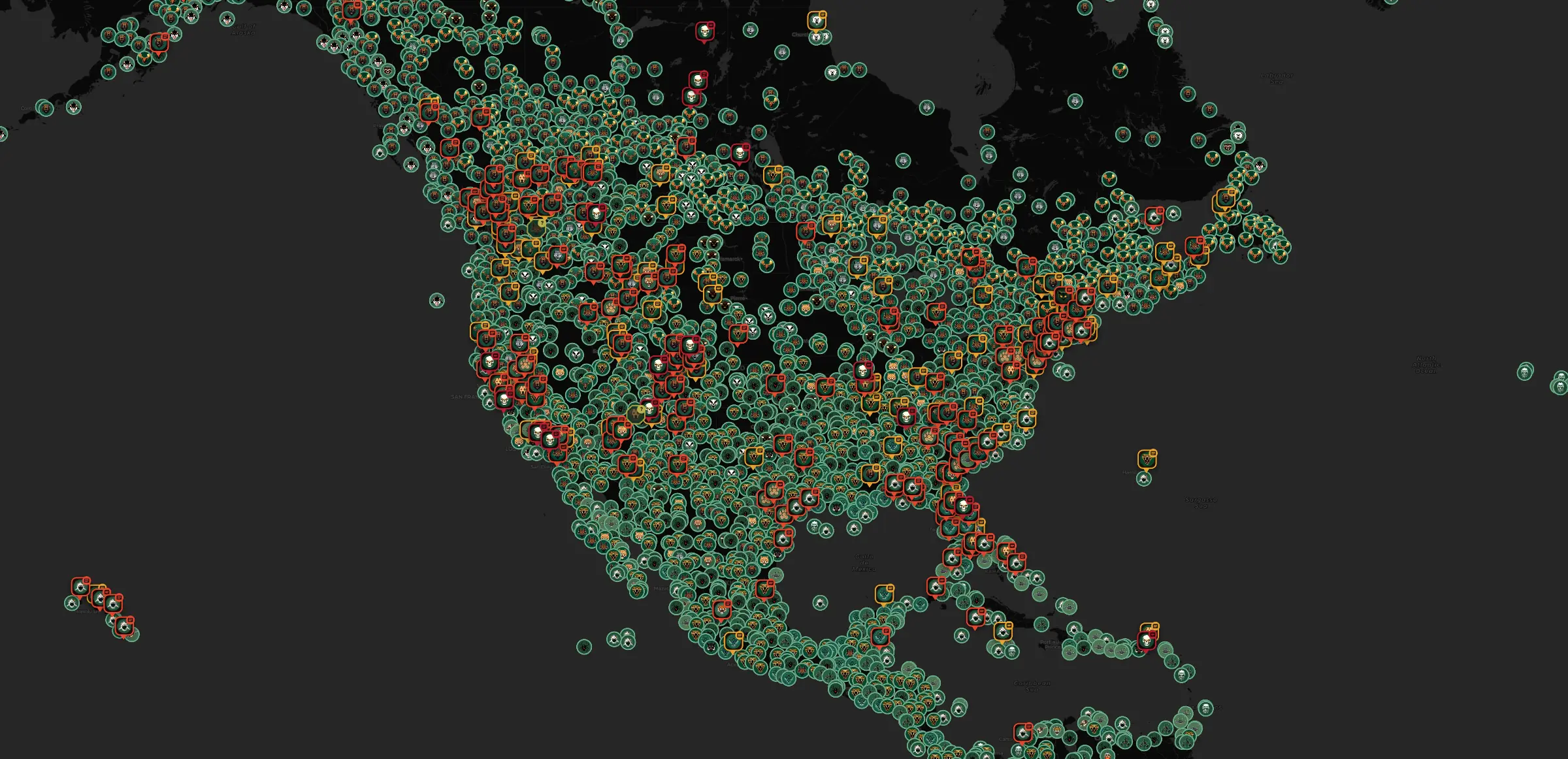 A year of reports across North America on the BeastWatch map, thousands of pins from Alaska to Central America. Illustrative screenshot; counts change.