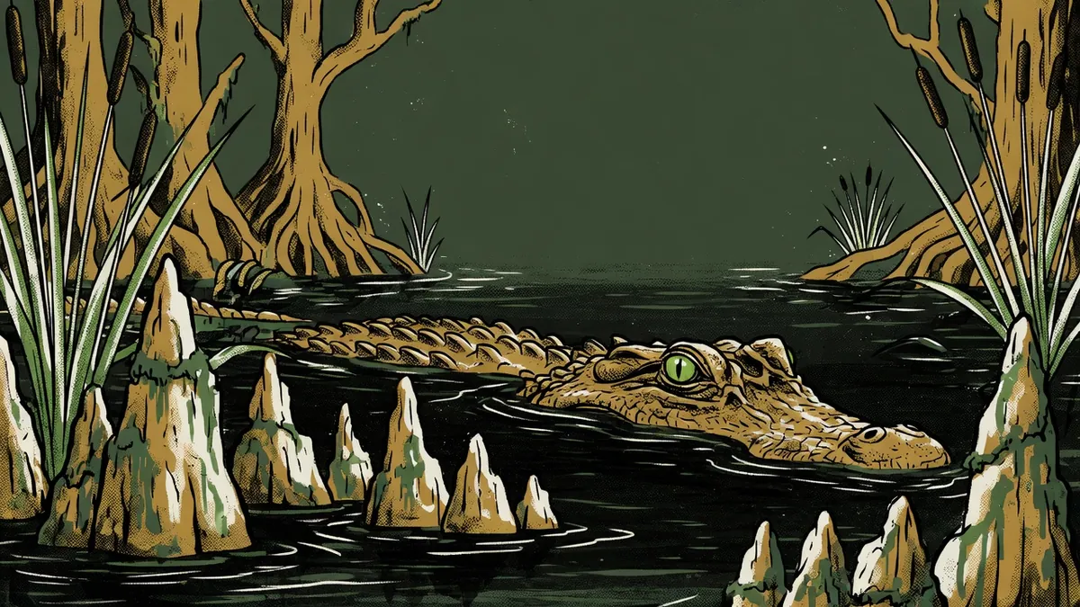 Illustration of an alligator in a cypress swamp