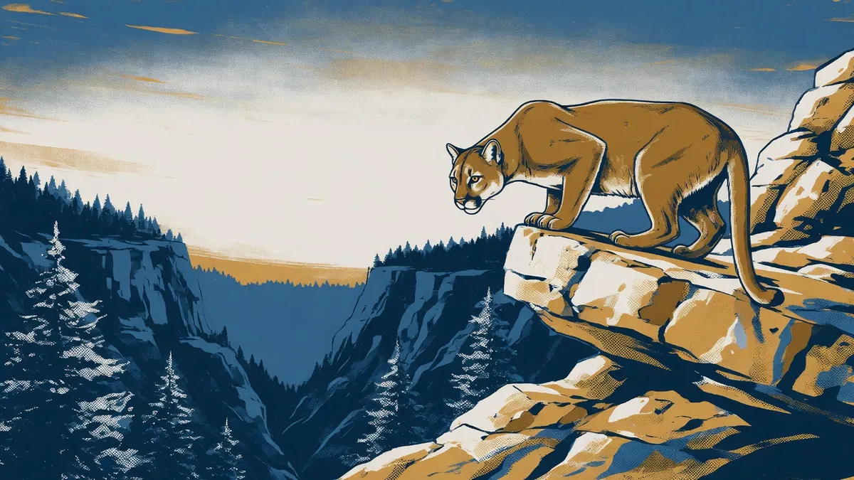 Illustration of a cougar on a rocky ledge